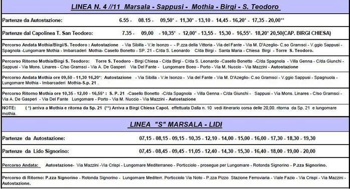 Nuovi orari del trasporto urbano a Marsala riguardo ai collegamenti a mezzo bus con i lidi nord/sud e gli imbarcaderi per Mozia